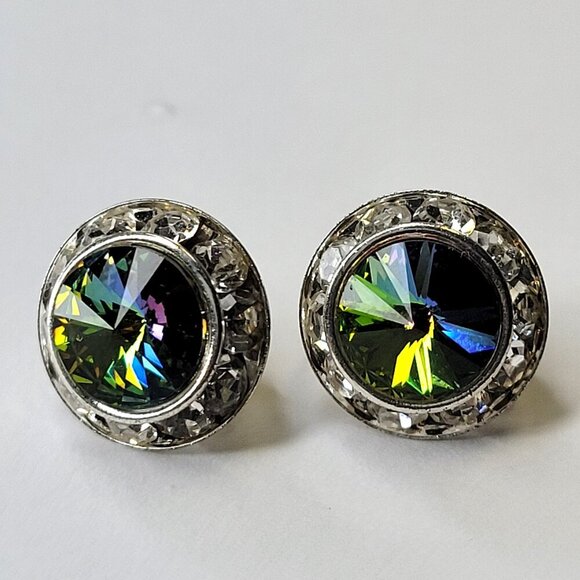 Green Clip On Earrings, Small Round Aurora Color Crystal Tiny ClipOns Earrings - Picture 1 of 4